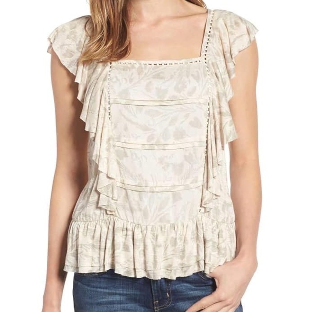 Lucky‎ Brand Boho blouse Floral Ruffle Peplum Medium flutter sleeve Hippie